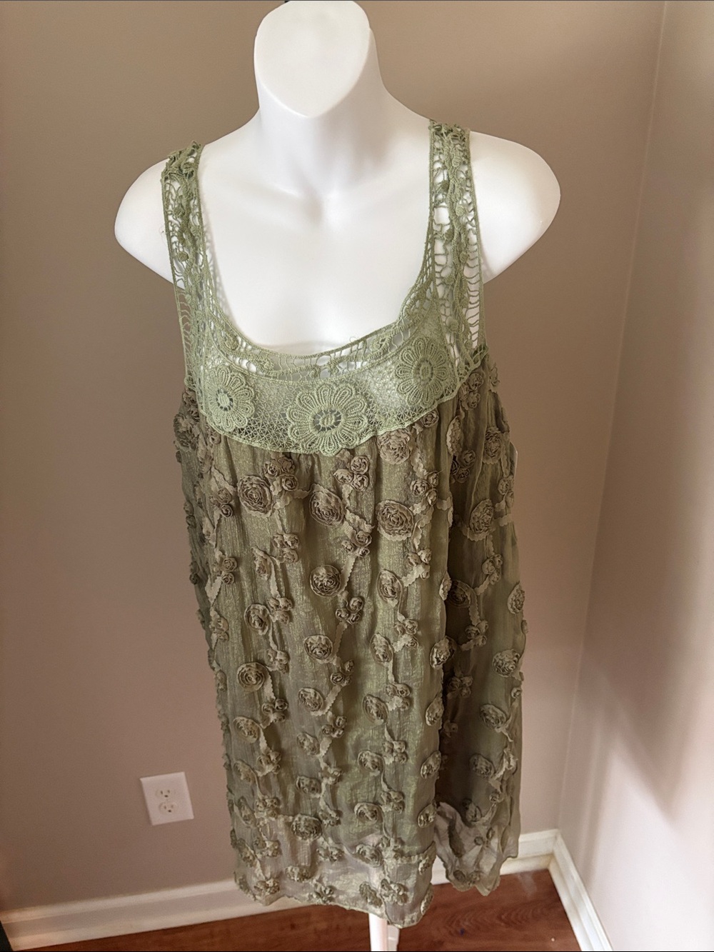 Olive Green Lace-Trim Floral Tank Dress -Boho Resortwear